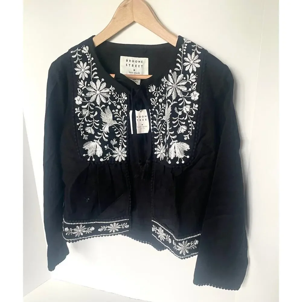 Kate Spade Black Linen Blend Crop Jacket Floral Embroidery Womens Medium